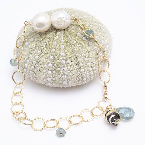 shell freshwater pearl moss aquamarine bracelet